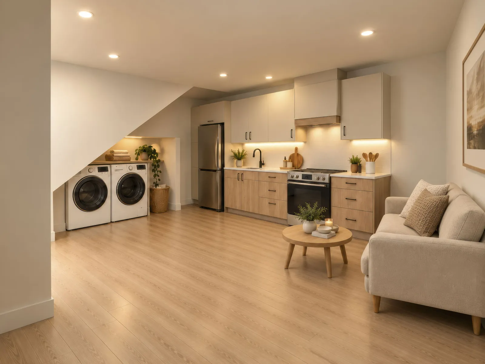 Open-concept living, kitchen and in-suite laundry in the Montrose basement suite