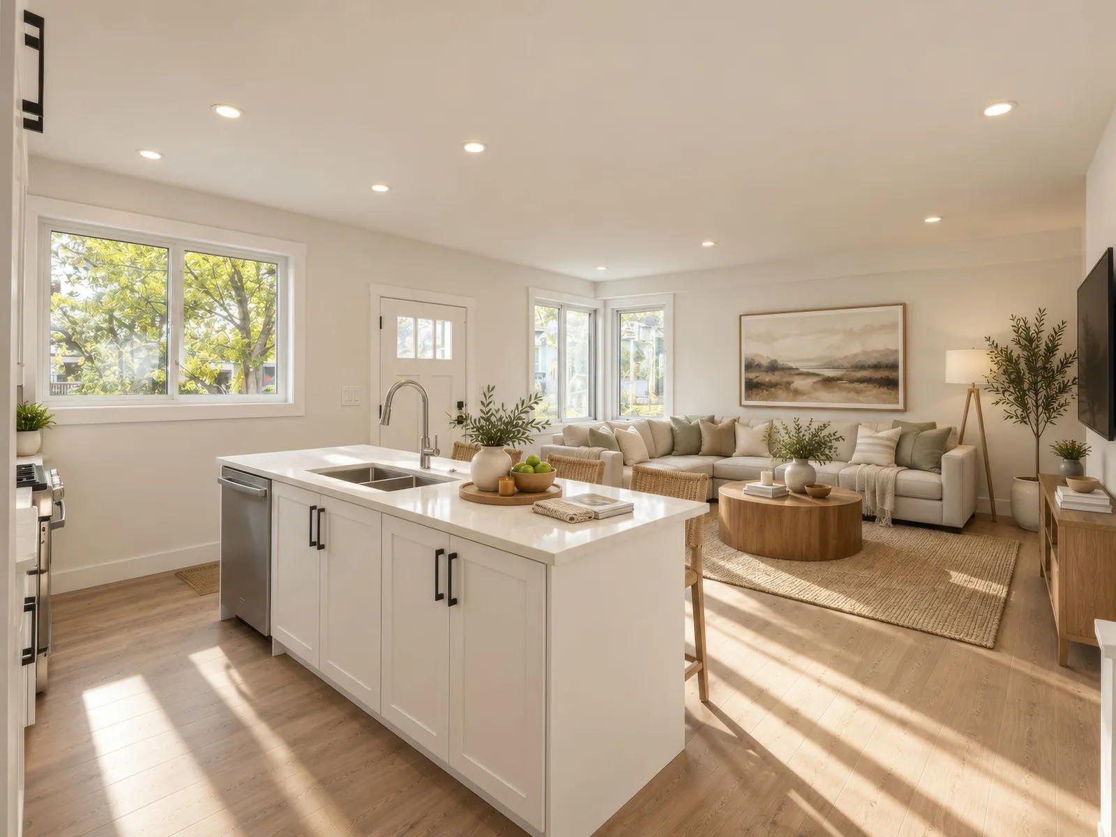 Open-concept living and kitchen in the brand-new Montrose main-floor townhouse