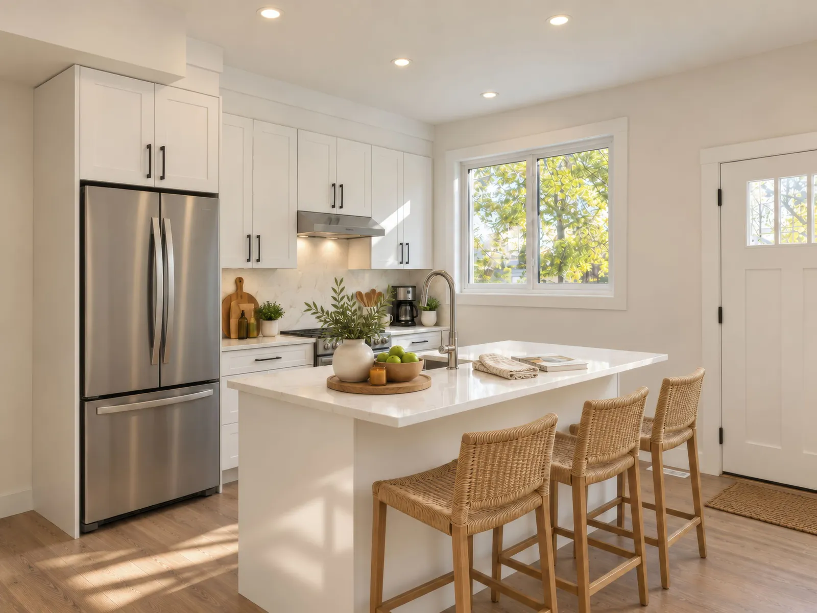 Kitchen with quartz island, breakfast seating and stainless appliances