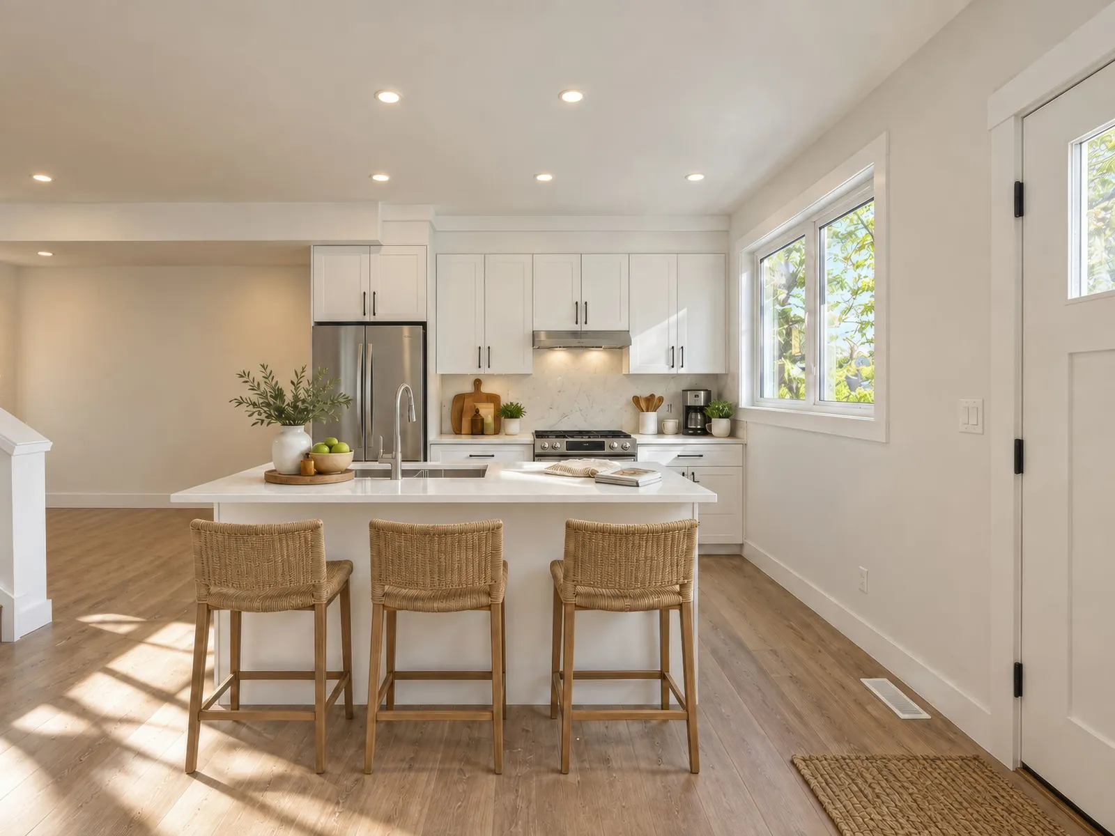 Kitchen and island seen from the entry