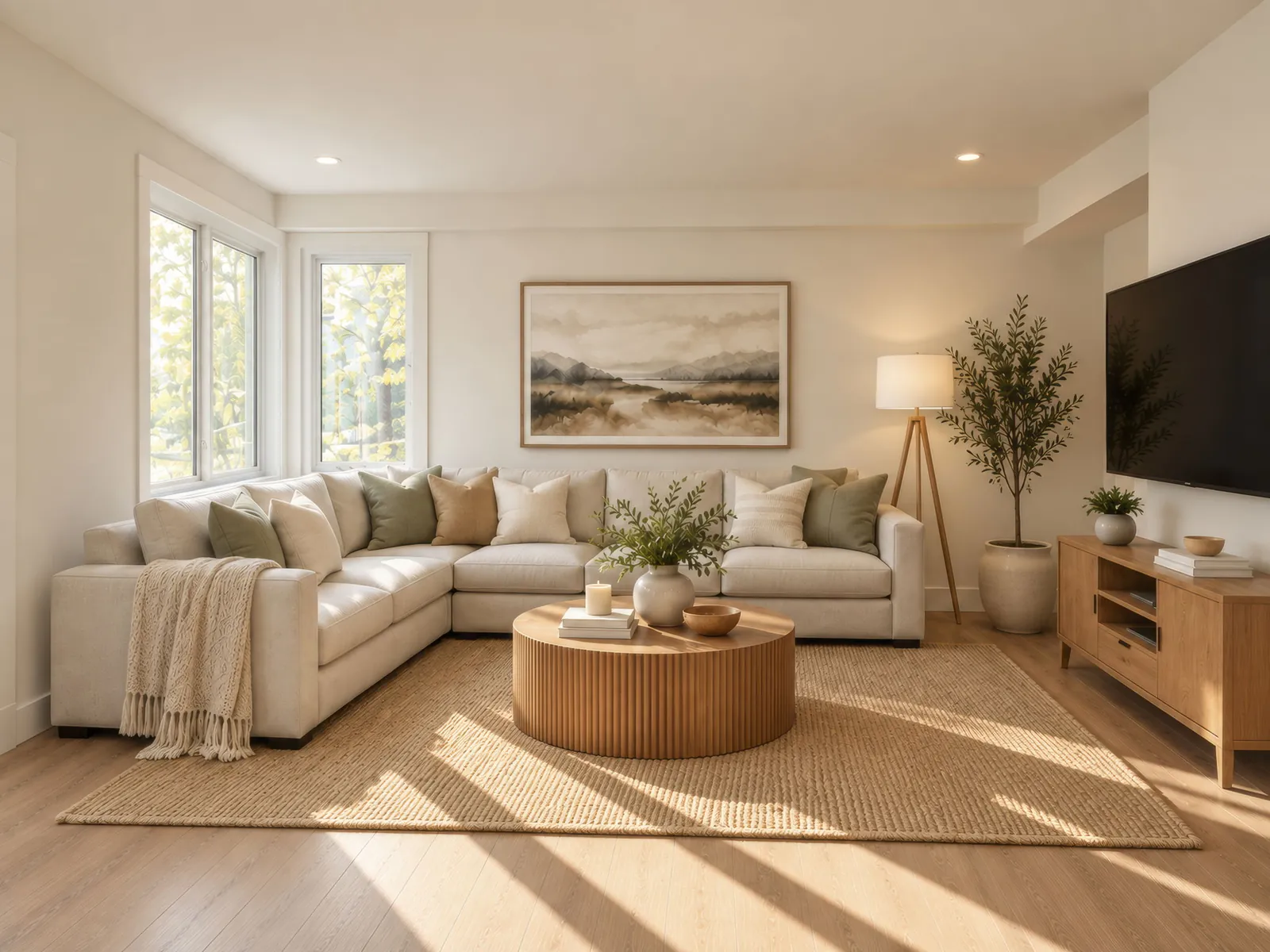 Living room with large windows and wide-plank flooring